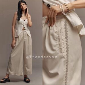 Anthropologie Pleated Embroidered Wide Leg Trousers Cream Hint Size M NWT